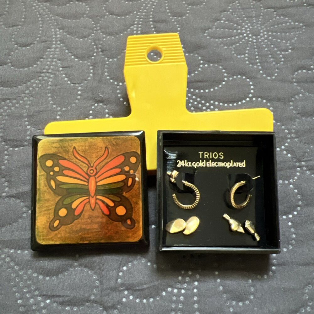 VTG TRIOS 24kt Gold Electroplated 3pc Earring Set Butterfly Decorative Box NIB